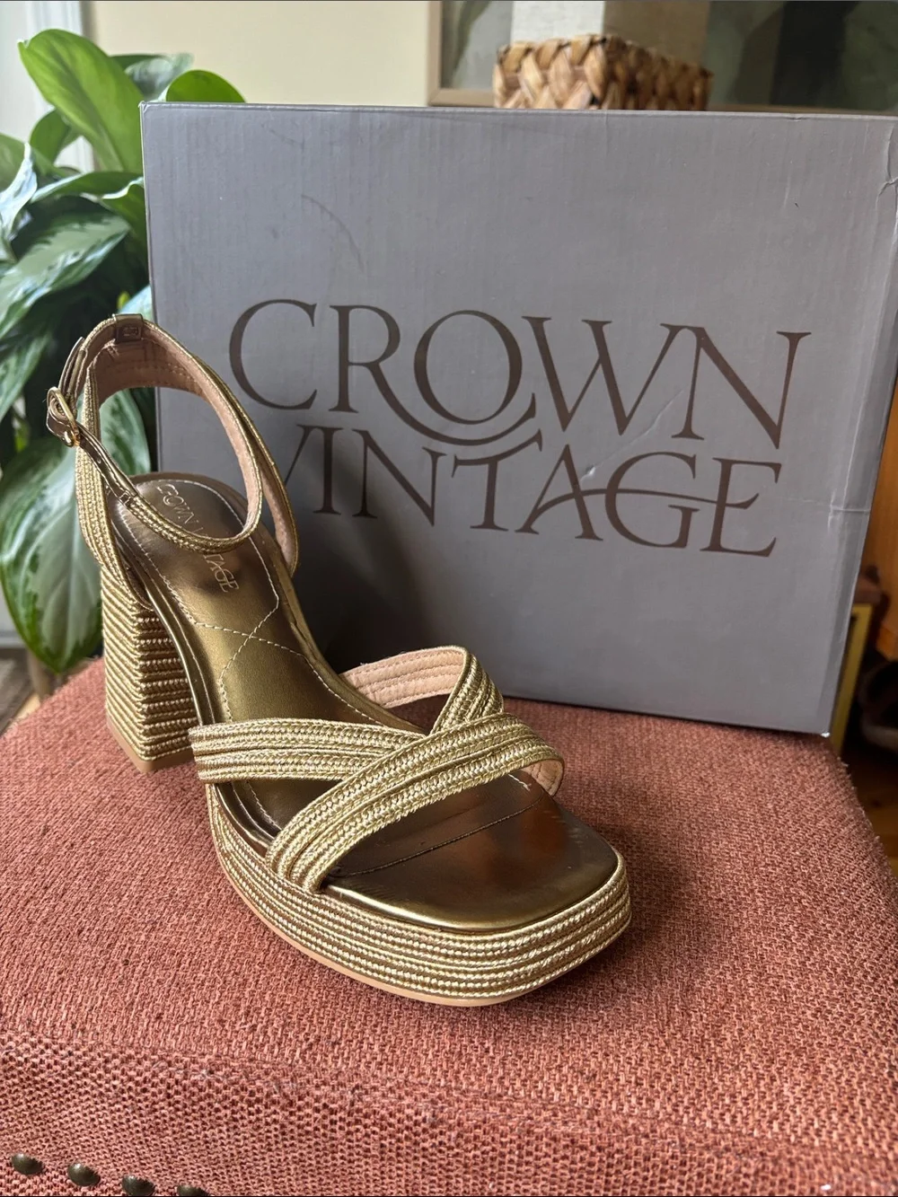 Crown Vintage Metallic Gold Braided Platform Sandals